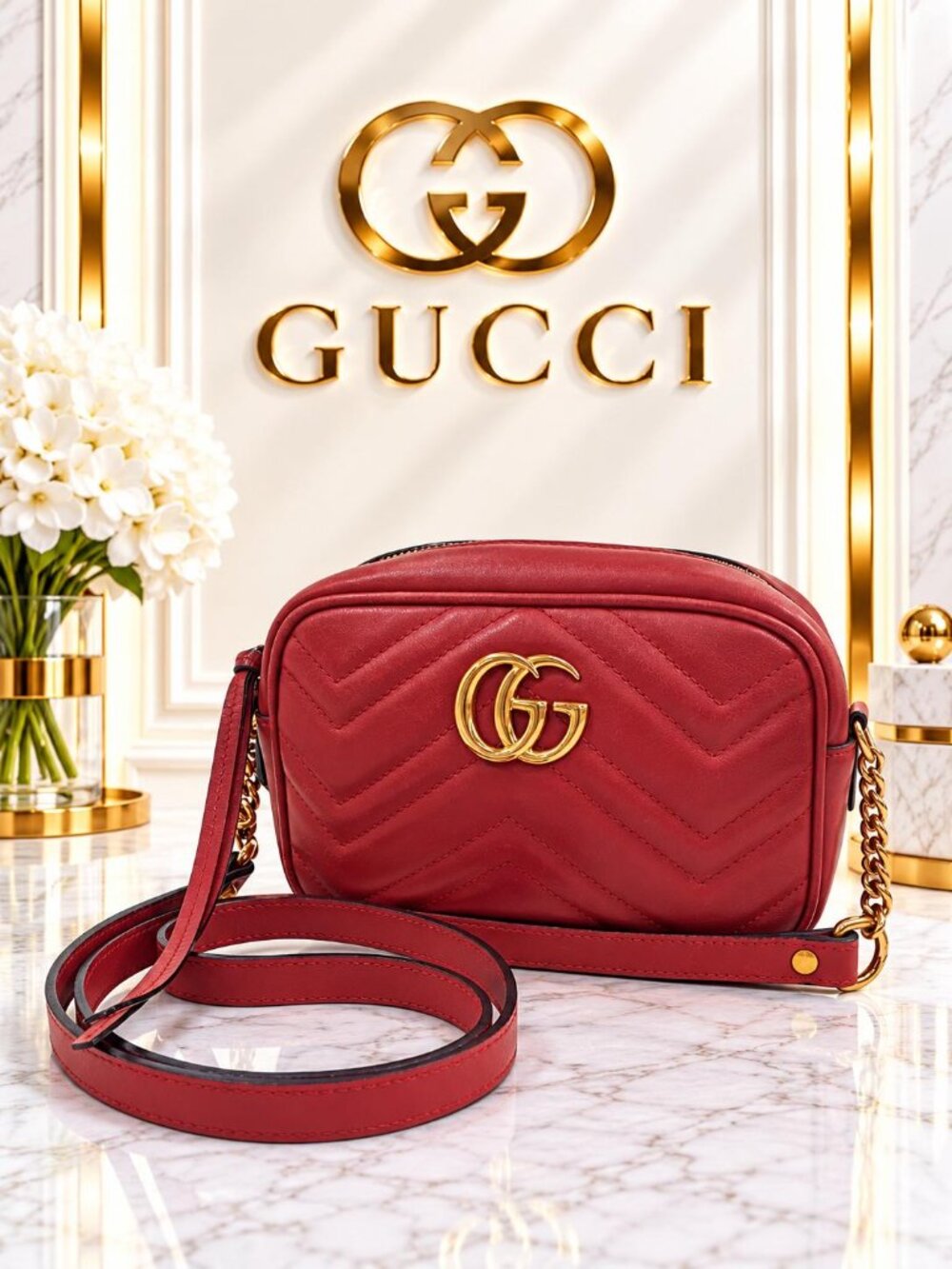 Authentic Gucci GG Marmont Mini Red Matelassé Leather Crossbody Camera Bag